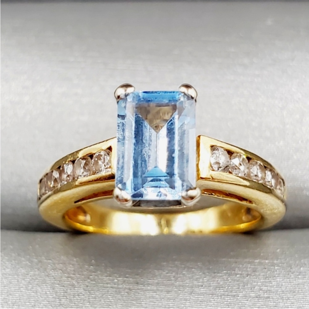 14k Solid Yellow Gold Emerald Cut Blue Topaz & Diamond Ring copy
